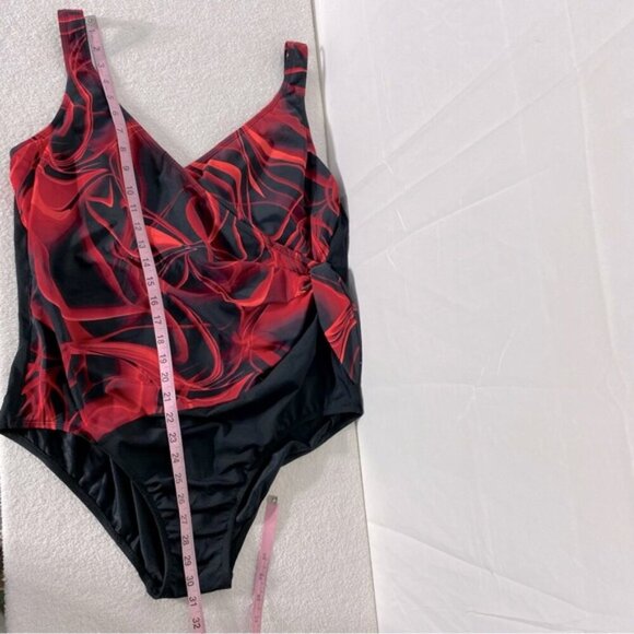 Swan Black Red Smoke Print Front One Piece Bathing Suit Swimsuit M - Picture 14 of 16